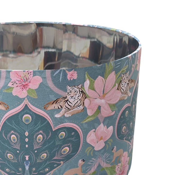 peacock cotton drum lampshade with silver metallic lining