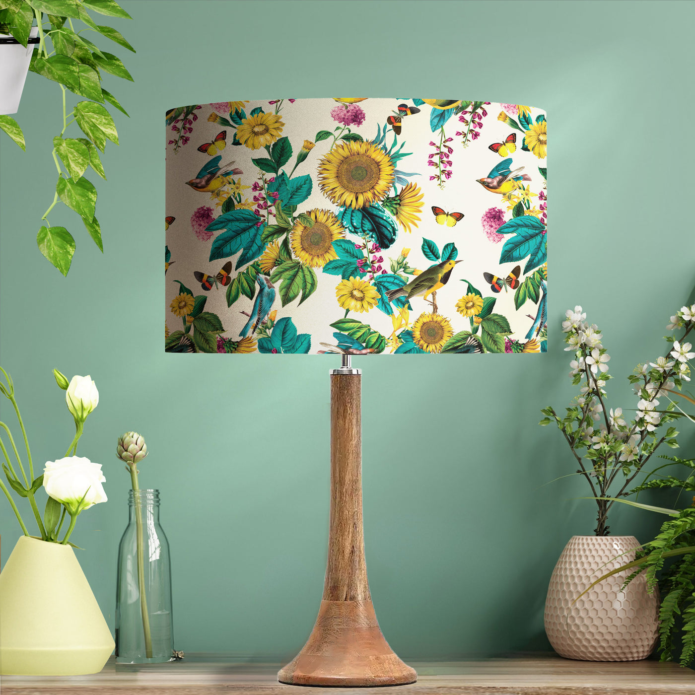 Copper Lined Lampshade with Birds and Sunflowers in Cream