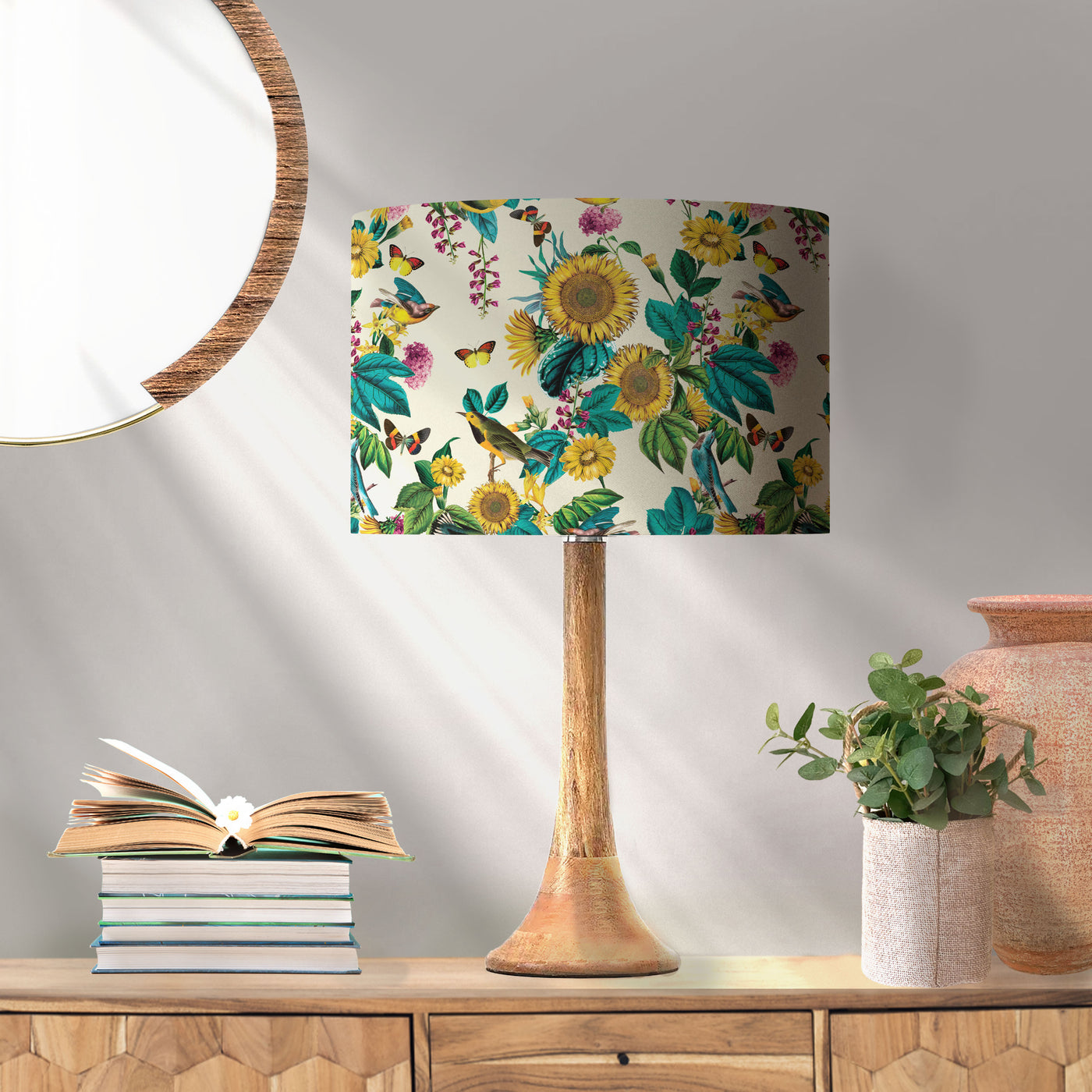 Silver Lined Lampshade with Birds and Sunflowers in Cream