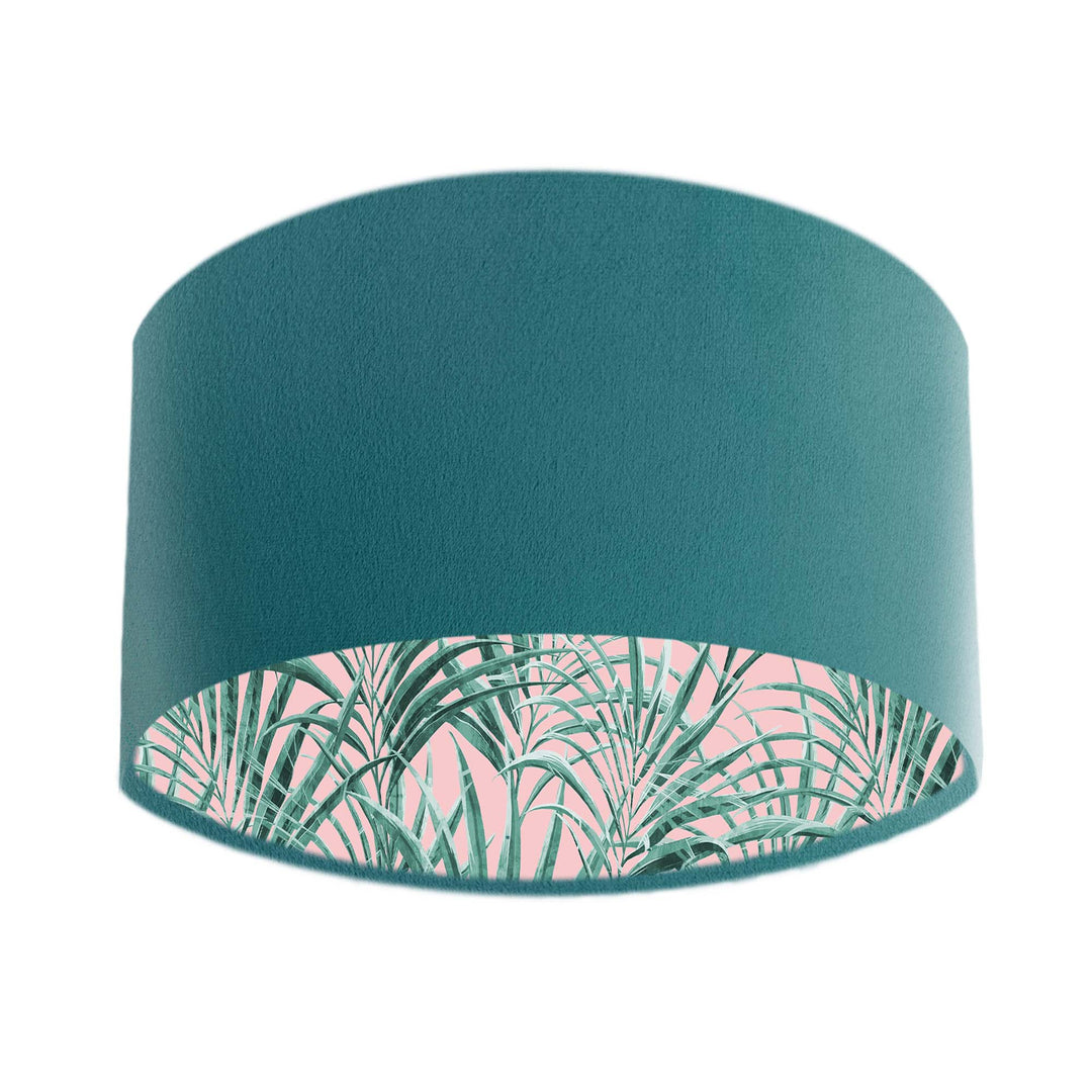 teal blue velvet lampshade with palm print tropical lining