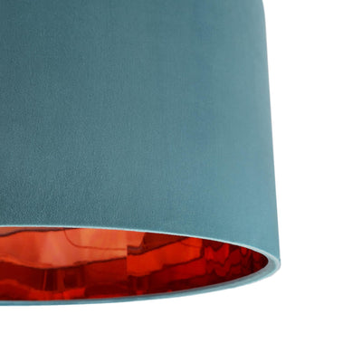 close up of the Teal Blue Velvet Lampshade with Copper Mirror Lining