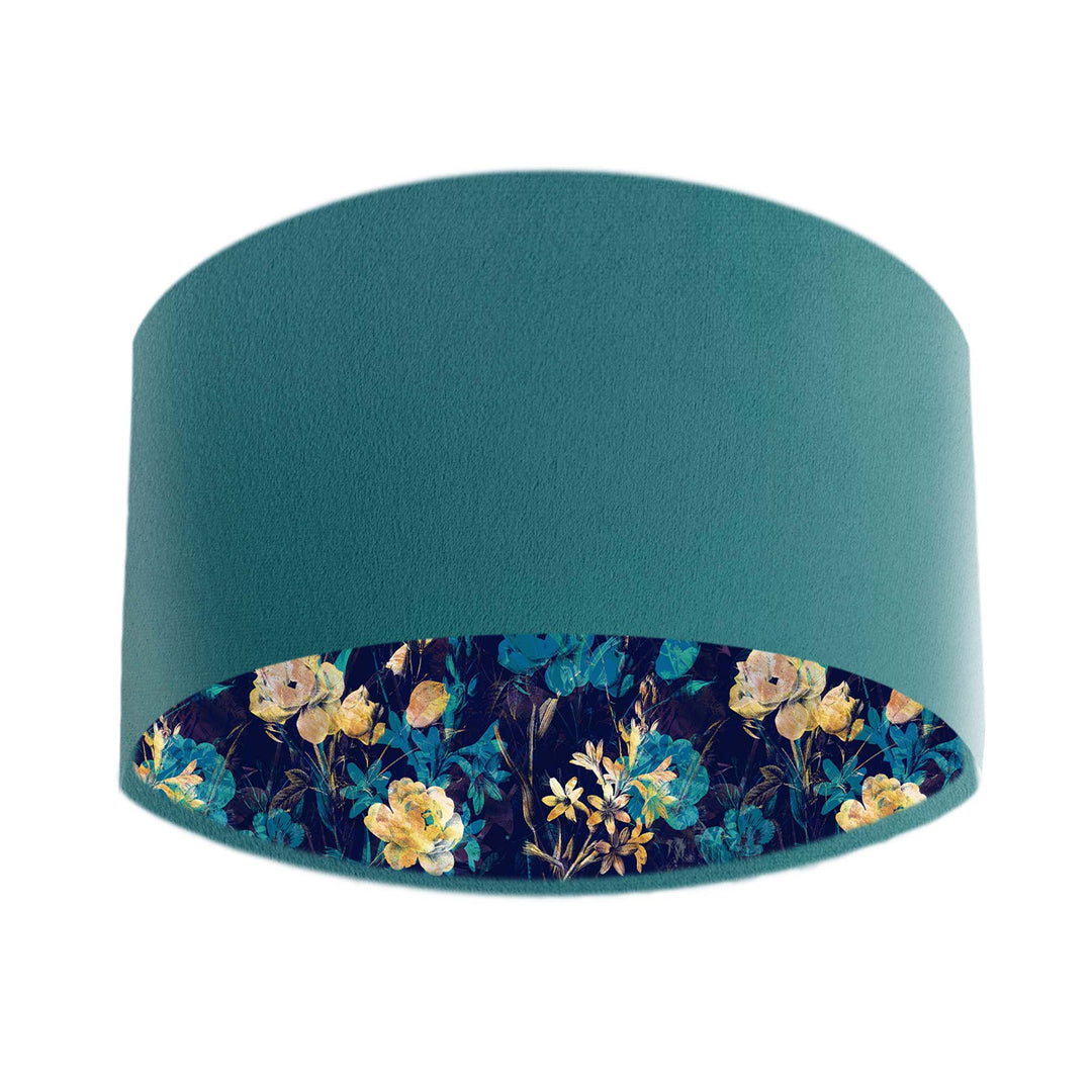 teal velvet floral lampshade with blue and gold accents