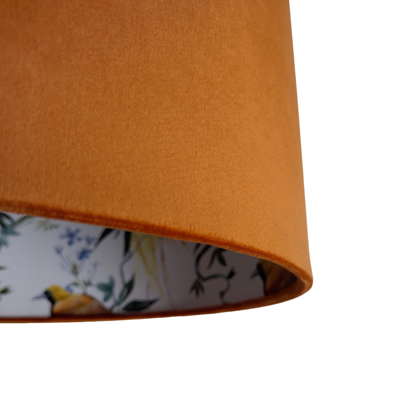 close up of the Tropical Birds Lampshade in Terracotta Velvet