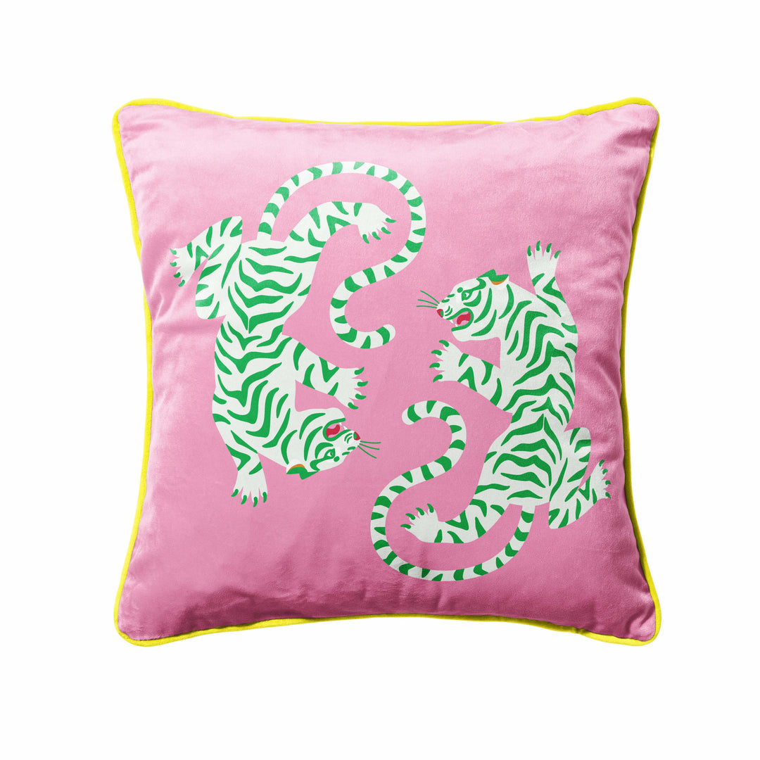 velvet animal print cushion with gold piping pink green