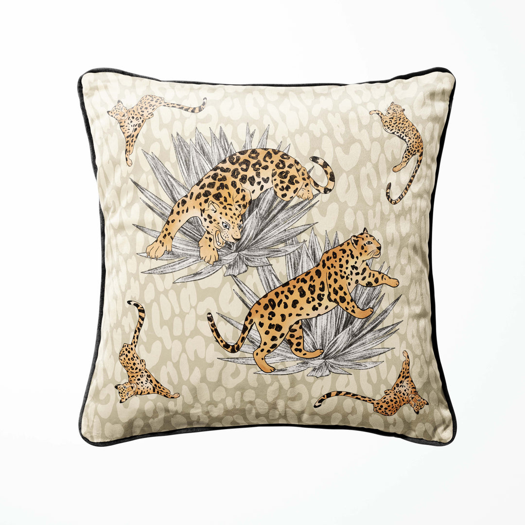 leopard print velvet cushion sandy beige with black piping