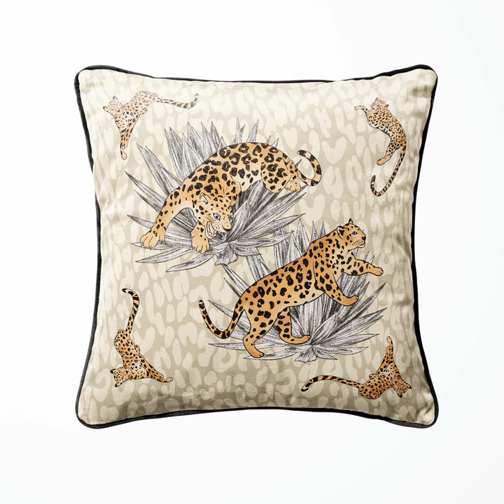 leopard print velvet cushion sandy beige with black piping