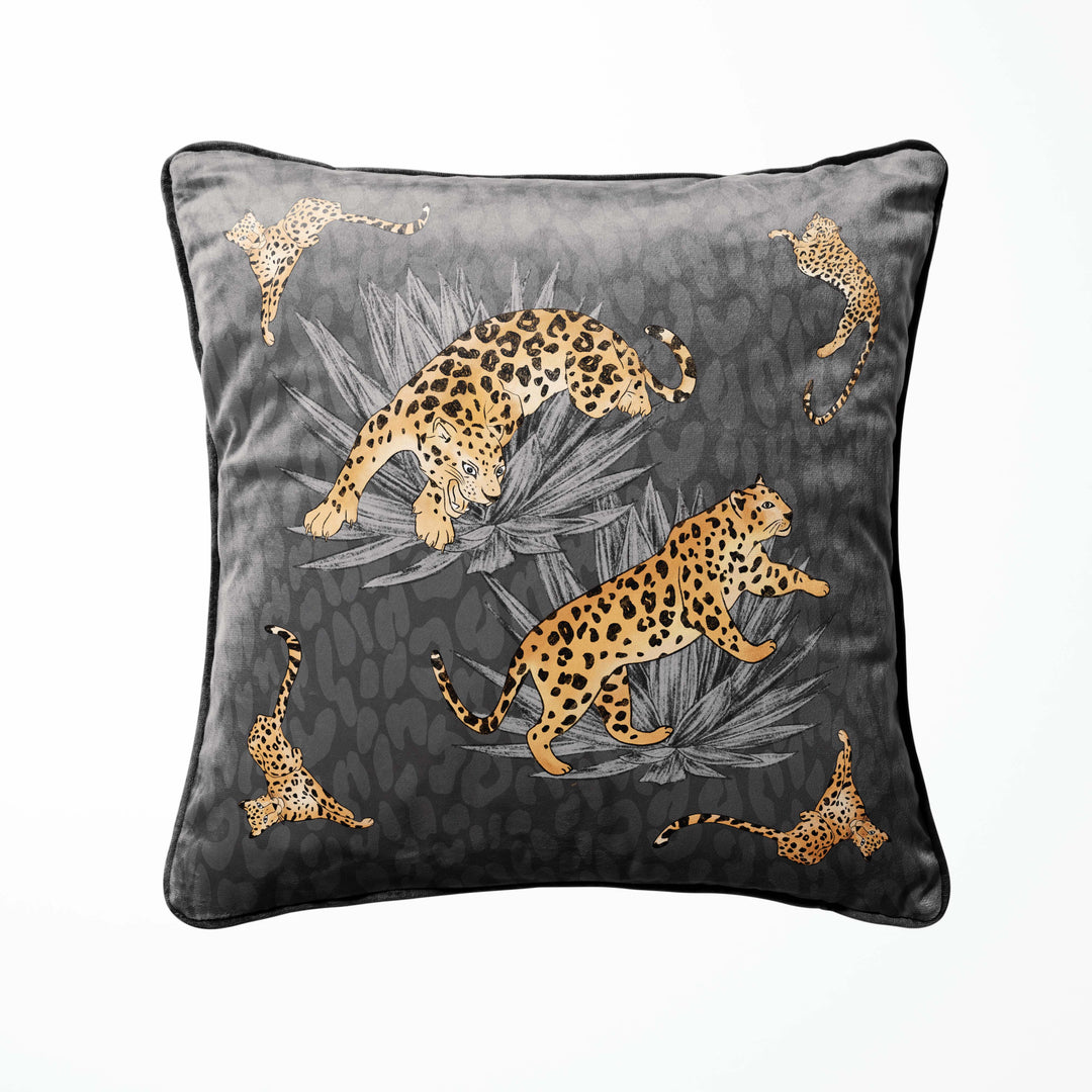 graphite grey velvet leopard print cushion with piping