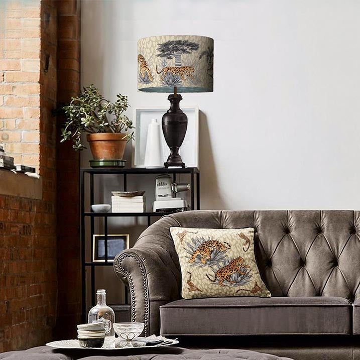 leopard print lamp shade with silver lining in velvet fabric