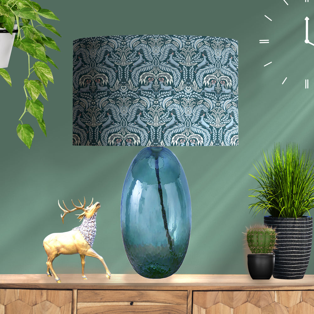 woodland navy lampshade with deer print and gold lining
