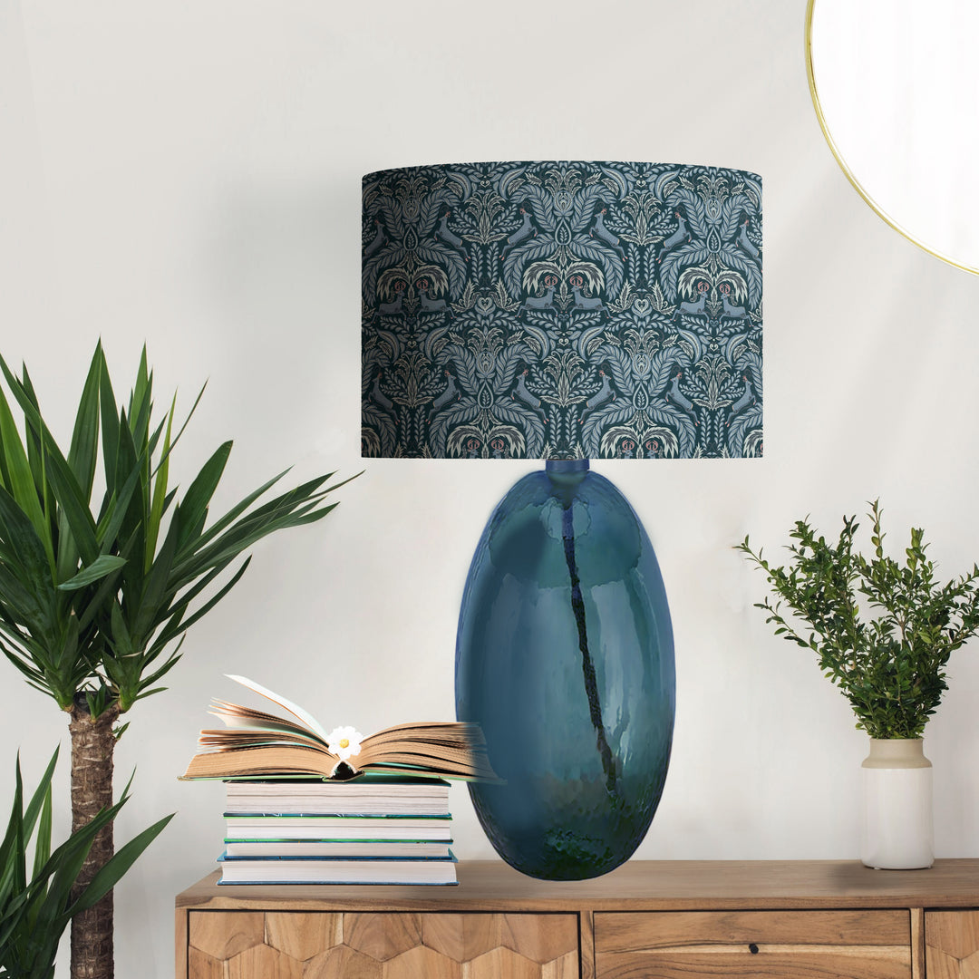 woodland navy lampshade with deer print and gold lining