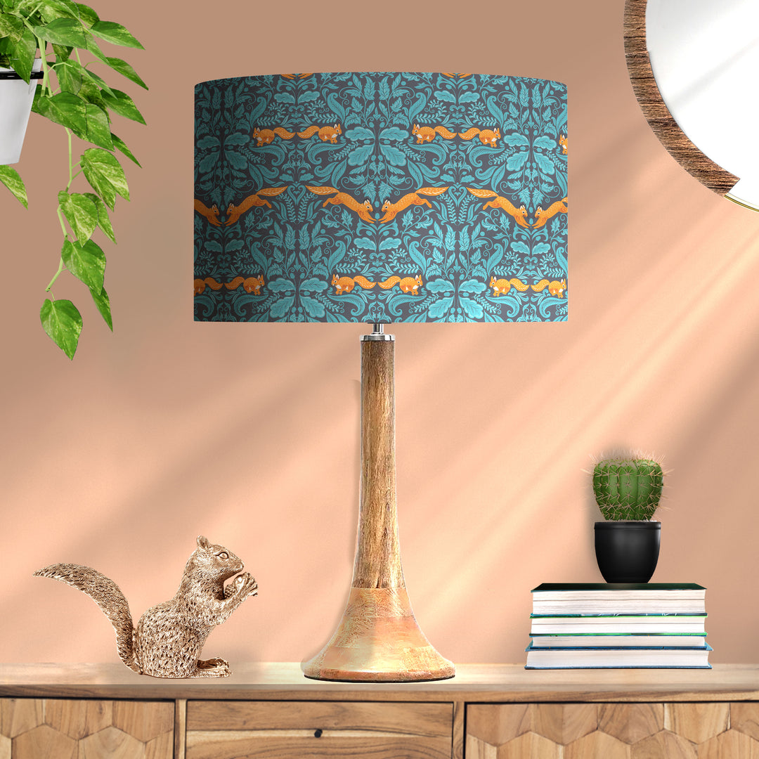 woodland teal blue lampshade with gold mirror lining