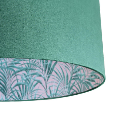 close up of the Bottle Green Velvet Lampshade with Palms Delight Lining