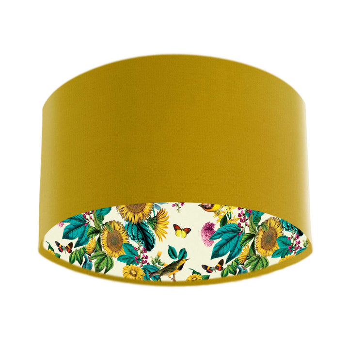 Mustard Yellow Velvet Lampshade with Birds and Sunflowers in Cream