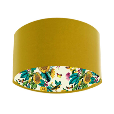 Mustard Yellow Velvet Lampshade with Birds and Sunflowers in Cream