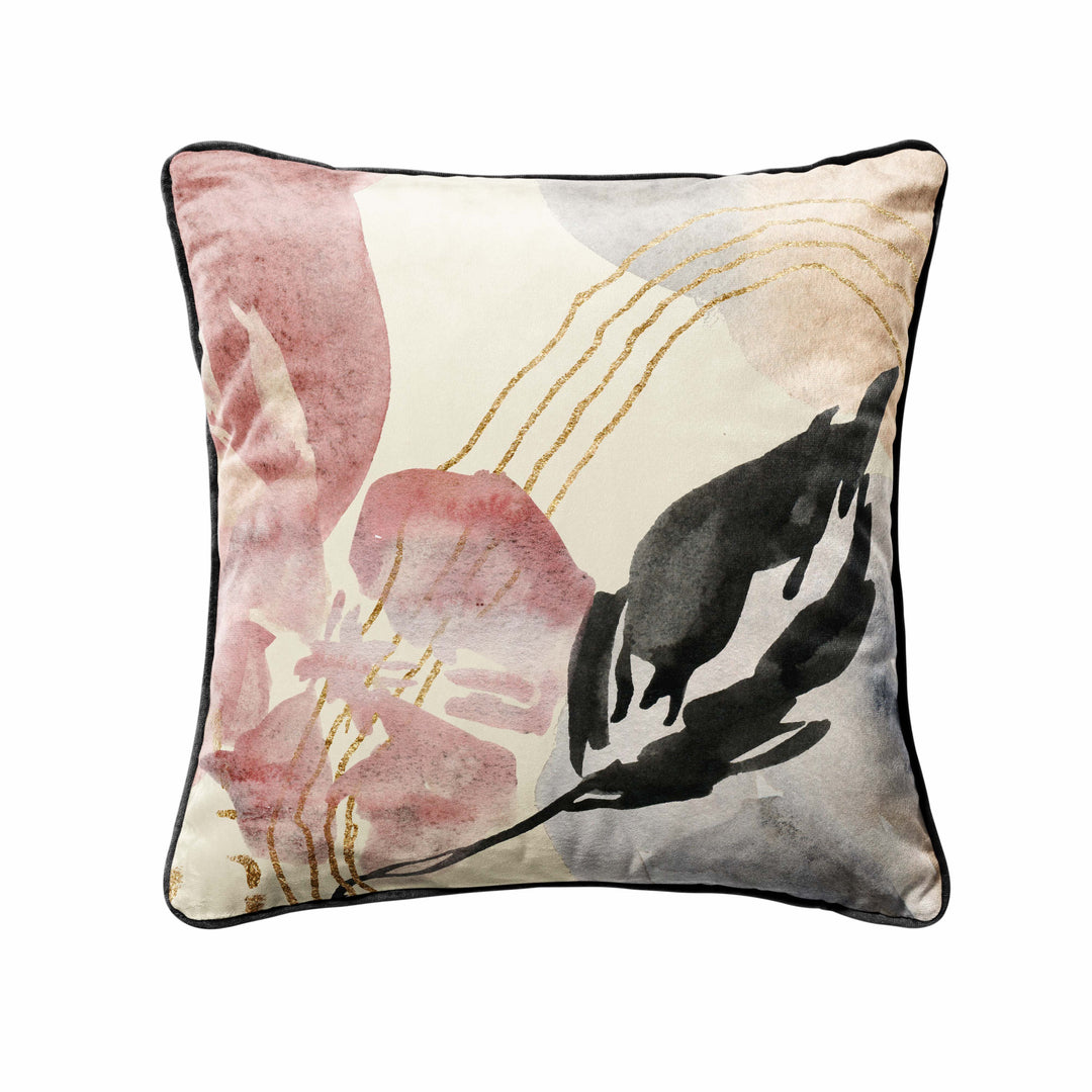 Abstract cream velvet cushion with black piping detail