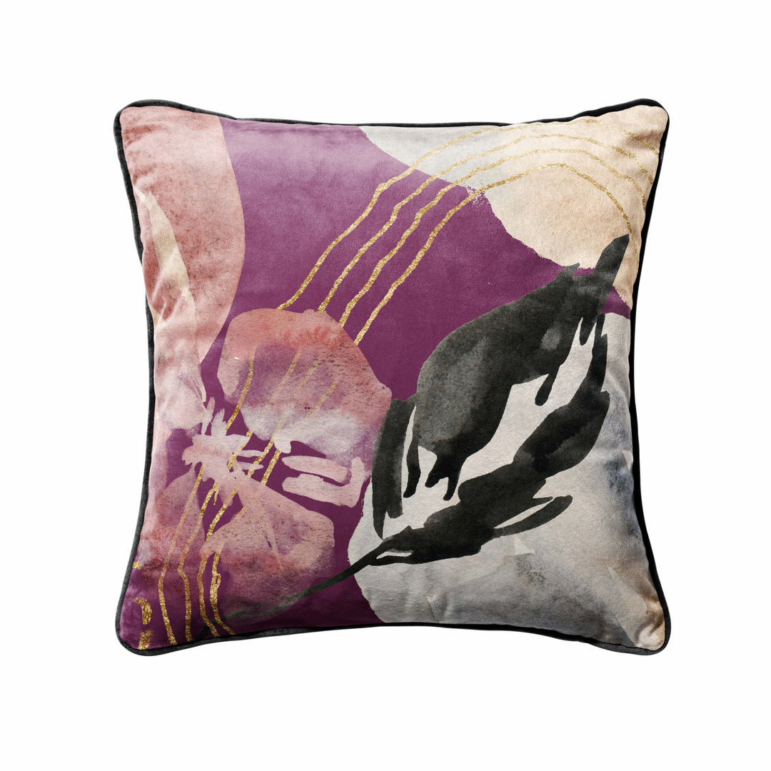 Abstract mulberry velvet cushion with piping detail
