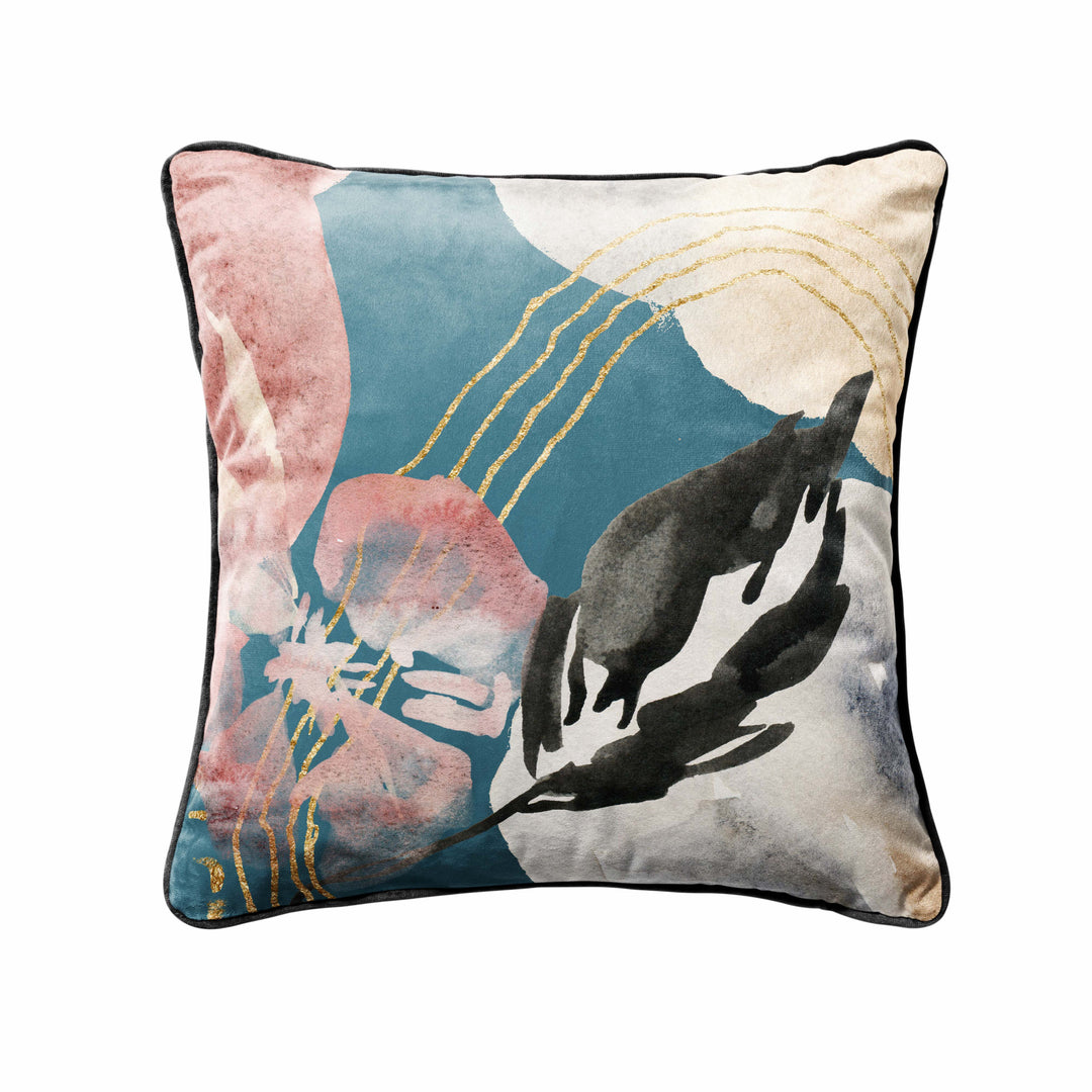 teal velvet cushion with black piping and abstract print