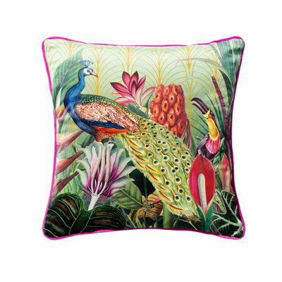 Tropical square velvet cushion cover with hot pink piping