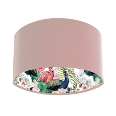 Peacock and Flamingo Feathers Lampshade in Baby Pink Velvet