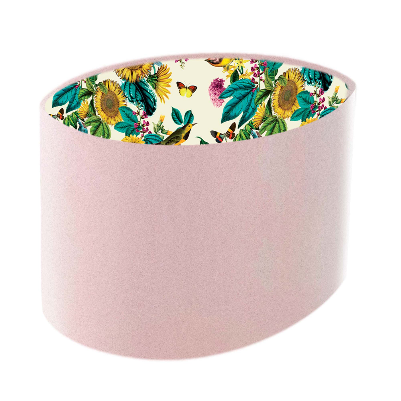 Baby Pink Oval Velvet Lampshade with Birds and Sunflowers in Cream