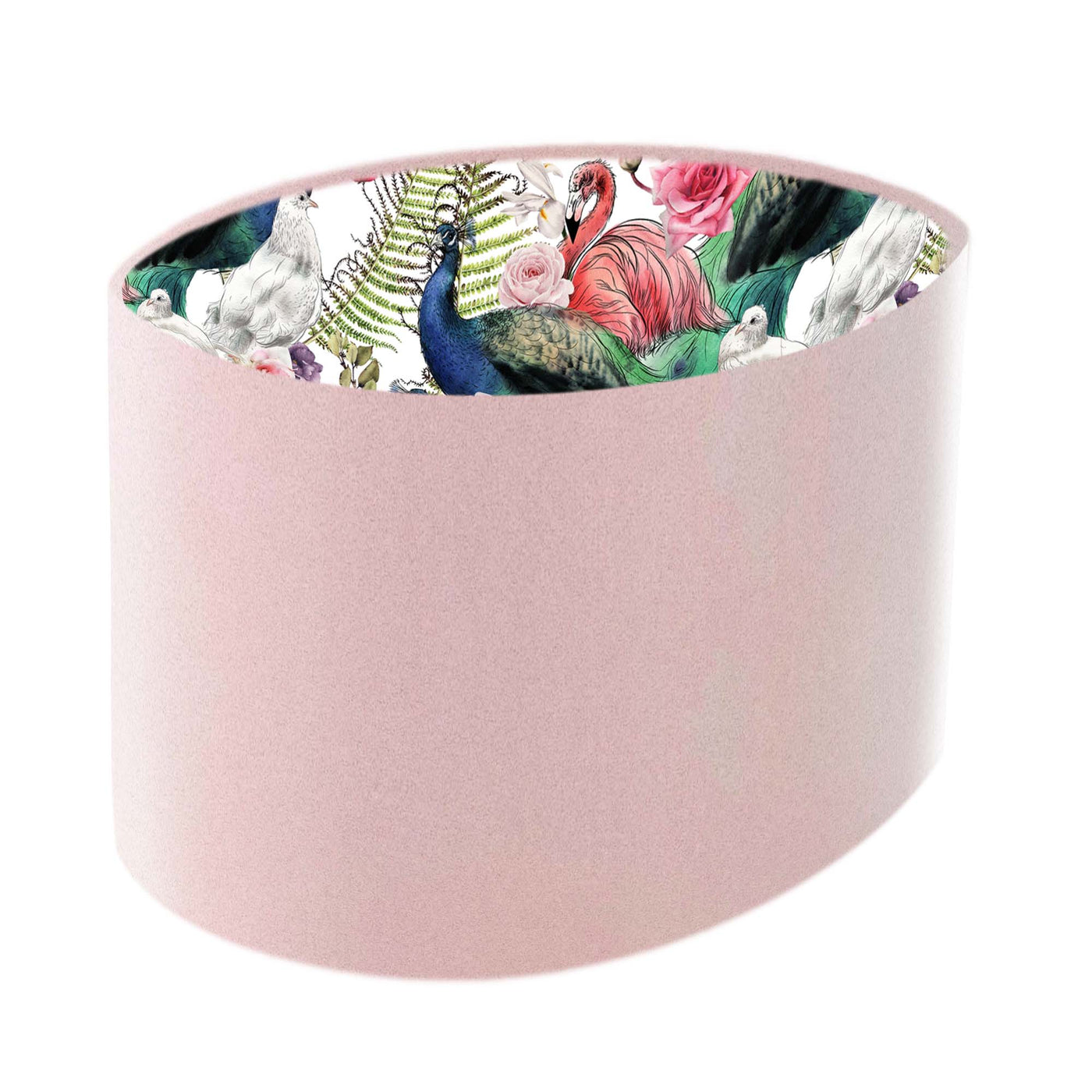 Peacock and Flamingo Feathers Oval Lampshade in Baby Pink Velvet