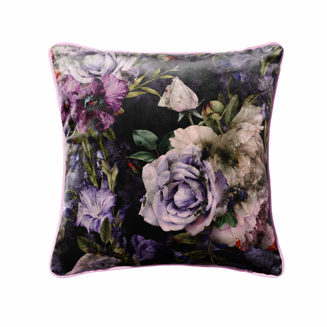 vintage floral velvet cushion with dark piped edge finish