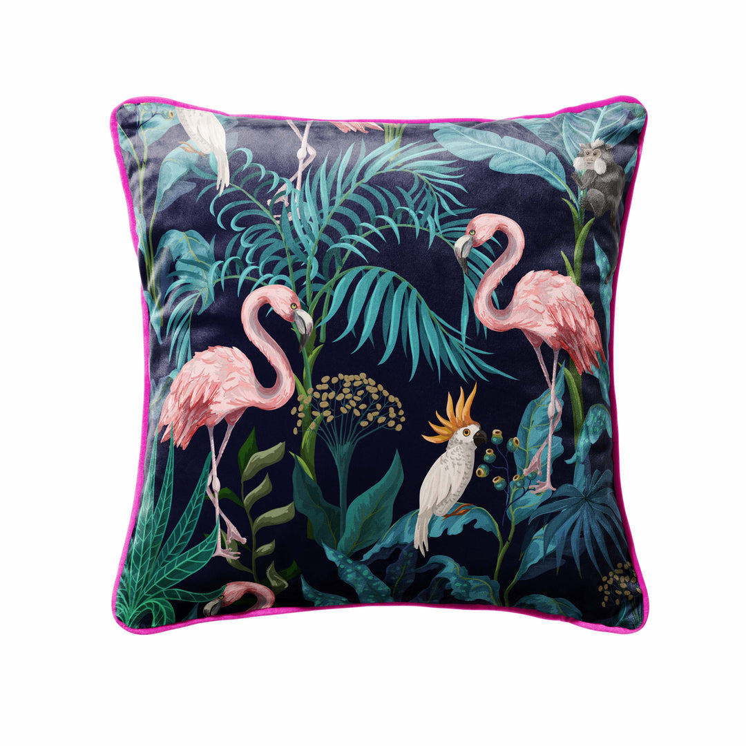 flamingo forest velvet cushion with tropical print fabric