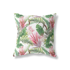 tropical protea cushion with palm and leaf print design