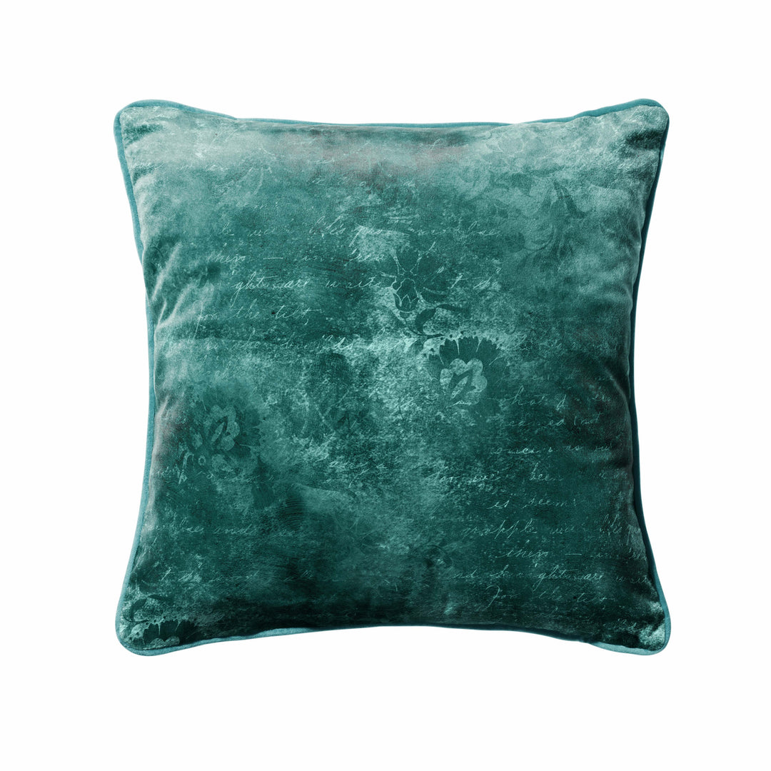 green distressed velvet cushion with piped edges design
