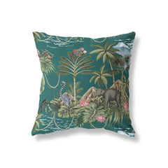 green jungle print cushion with lemur and tropical design