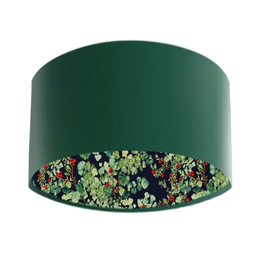green velvet lamp shade with red berry pattern design