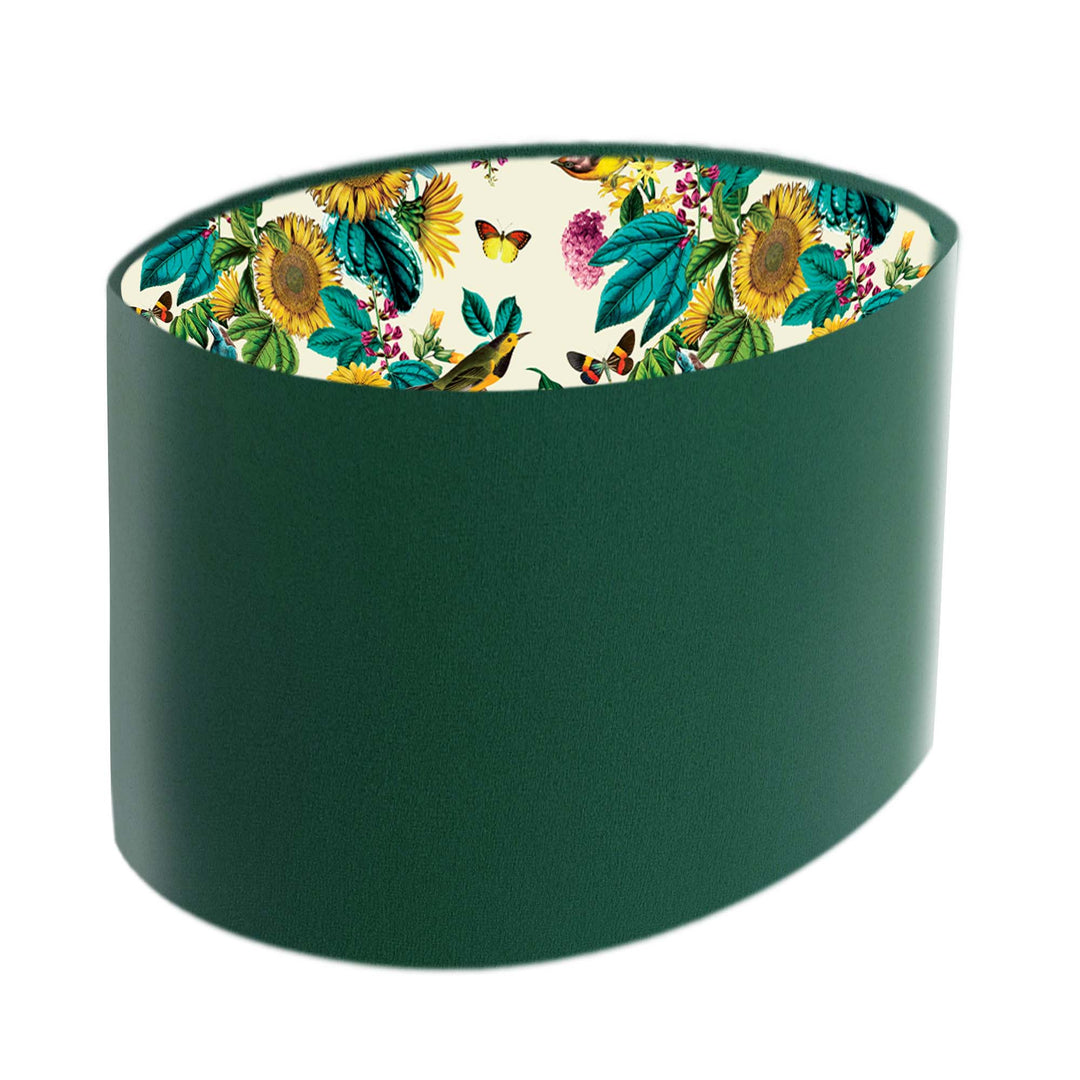 oval green velvet lampshade with birds and sunflowers