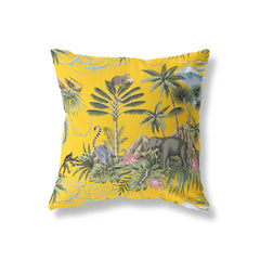 mustard yellow tropical cushion with animal jungle print