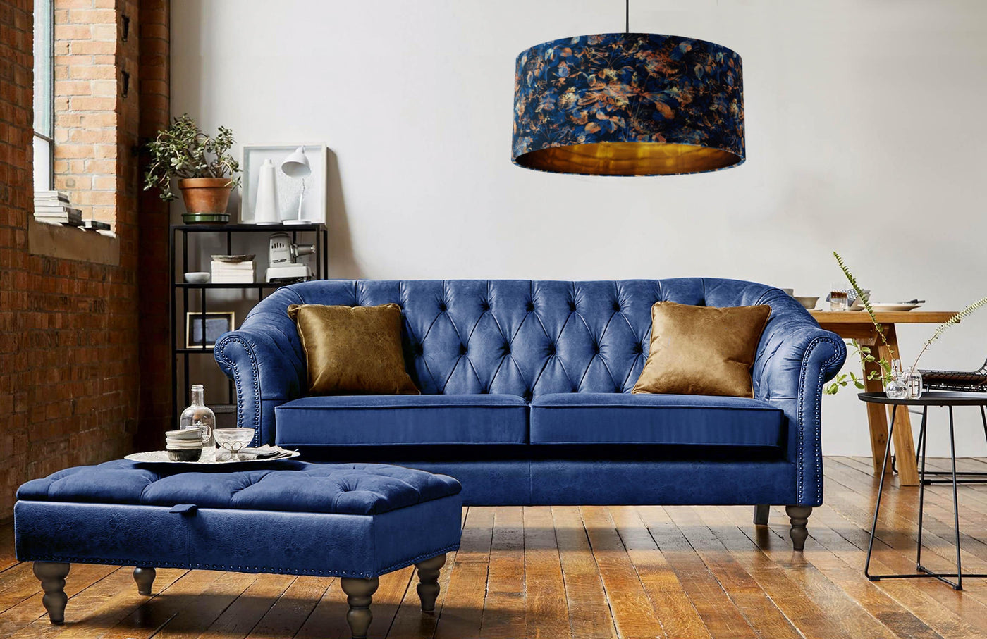 Night Forest Blue Velvet Lampshade with Mirror Gold Lining
