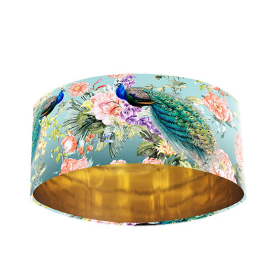 Peacock Paradise Velvet Lampshade in Teal Blue with Mirror Gold Lining