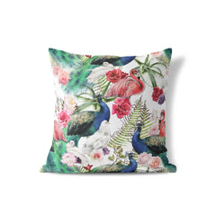 peacock and flamingo cushion with bold animal print