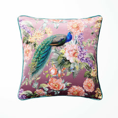 pink velvet peacock cushion with floral print and piping