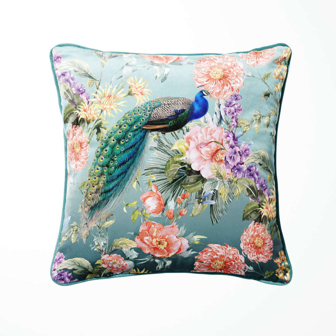 peacock cushion in teal velvet with floral print pattern