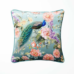 peacock cushion in teal velvet with floral print pattern