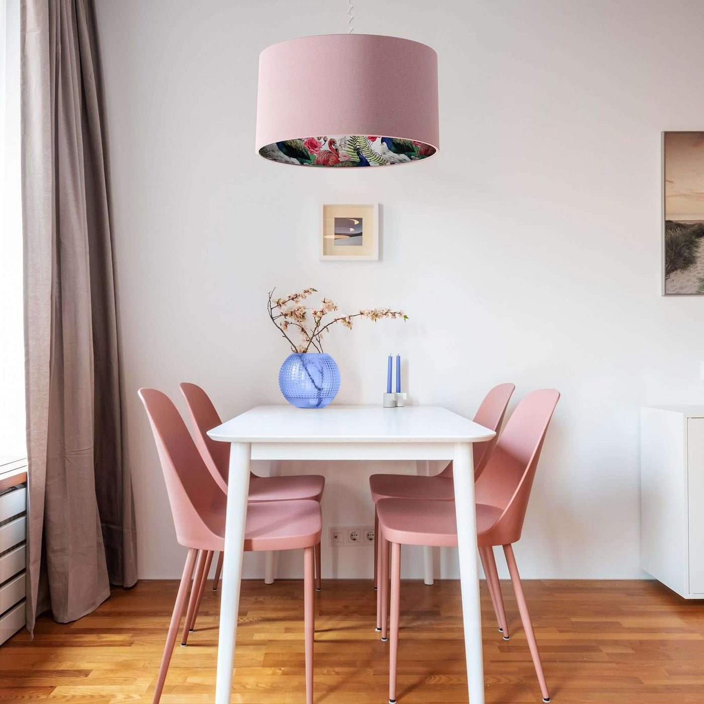 Baby Pink Velvet Lampshade with Peacock and Flamingo Lining