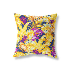 purple gold tropical leaf cushion with bold statement print
