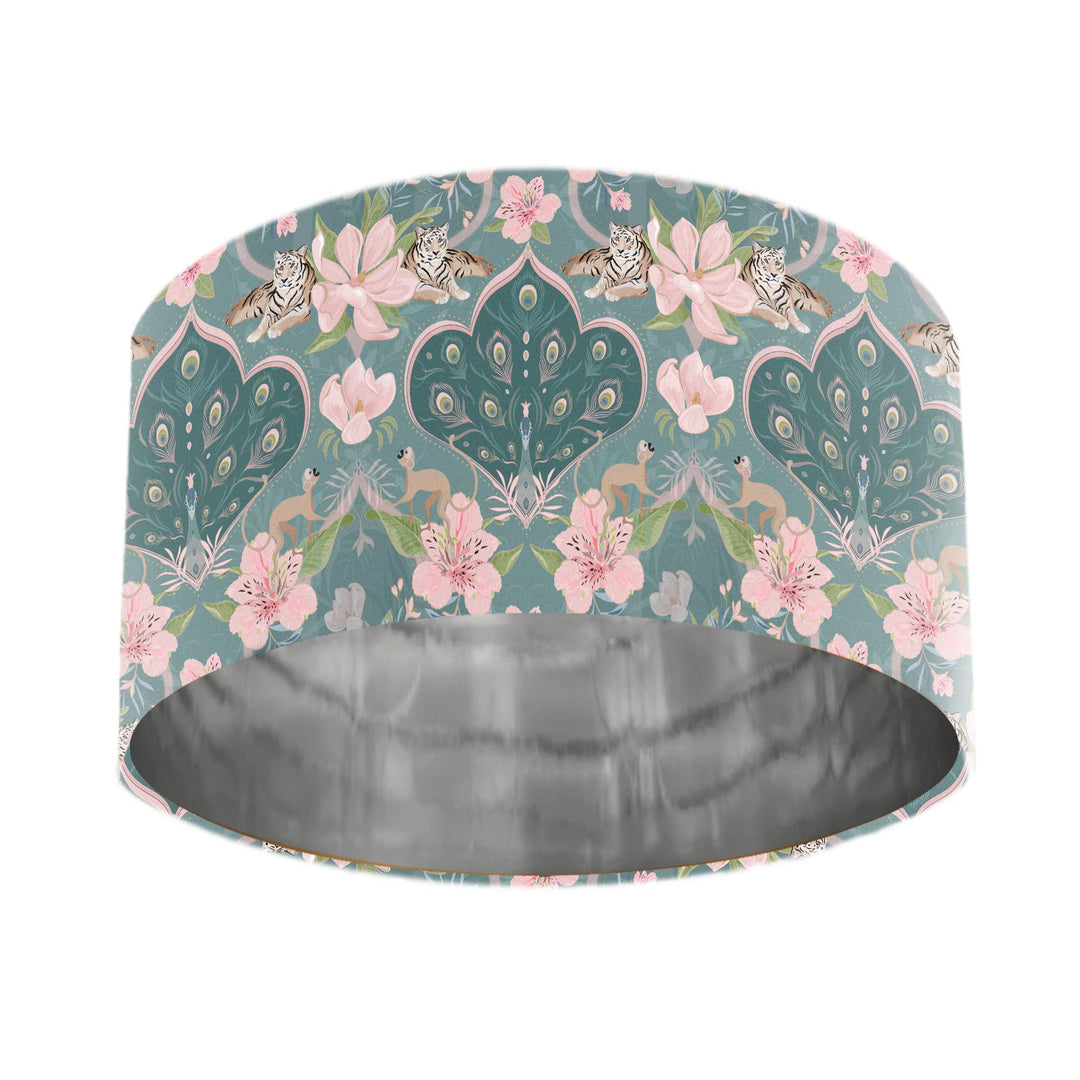peacock cotton drum lampshade with silver metallic lining