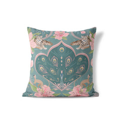 royal peacock cushion with animal print and beige back