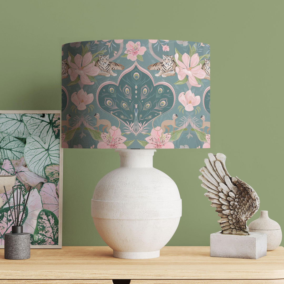 peacock cotton drum lampshade with mirror gold lining