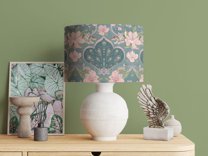 peacock cotton drum lampshade with silver metallic lining