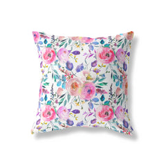 spring floral cushion with pink back and colorful flowers