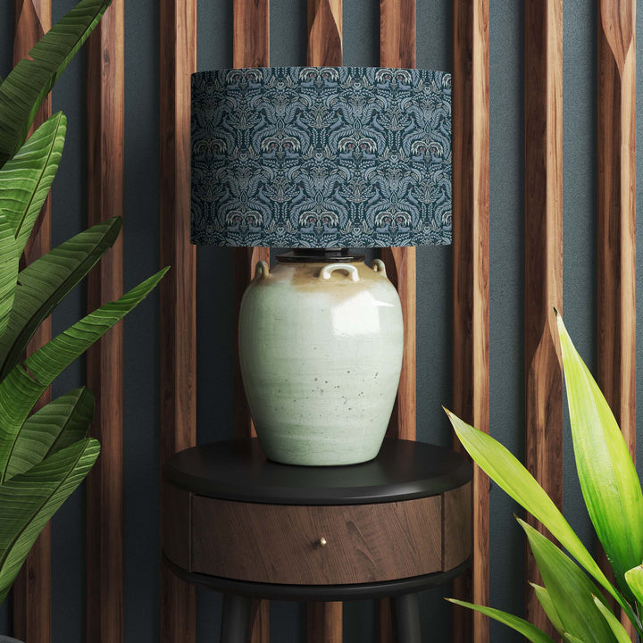 woodland deer navy blue cotton lampshade with copper lining