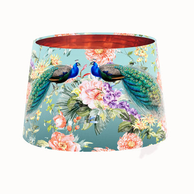 Peacock Paradise Tapered Lampshade in Teal Blue with Copper Lining