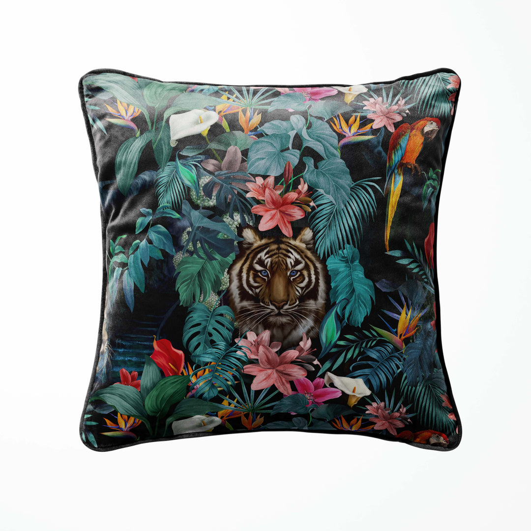 junglesque tropical velvet cushion cover with tiger print