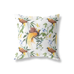 tropical birds cushion with bright bird print and beige back